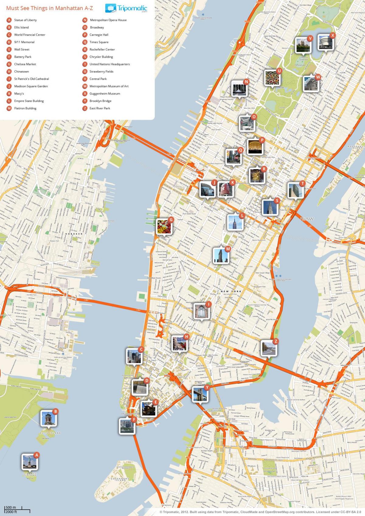 kaart Manhattan näitab vaatamisväärsused