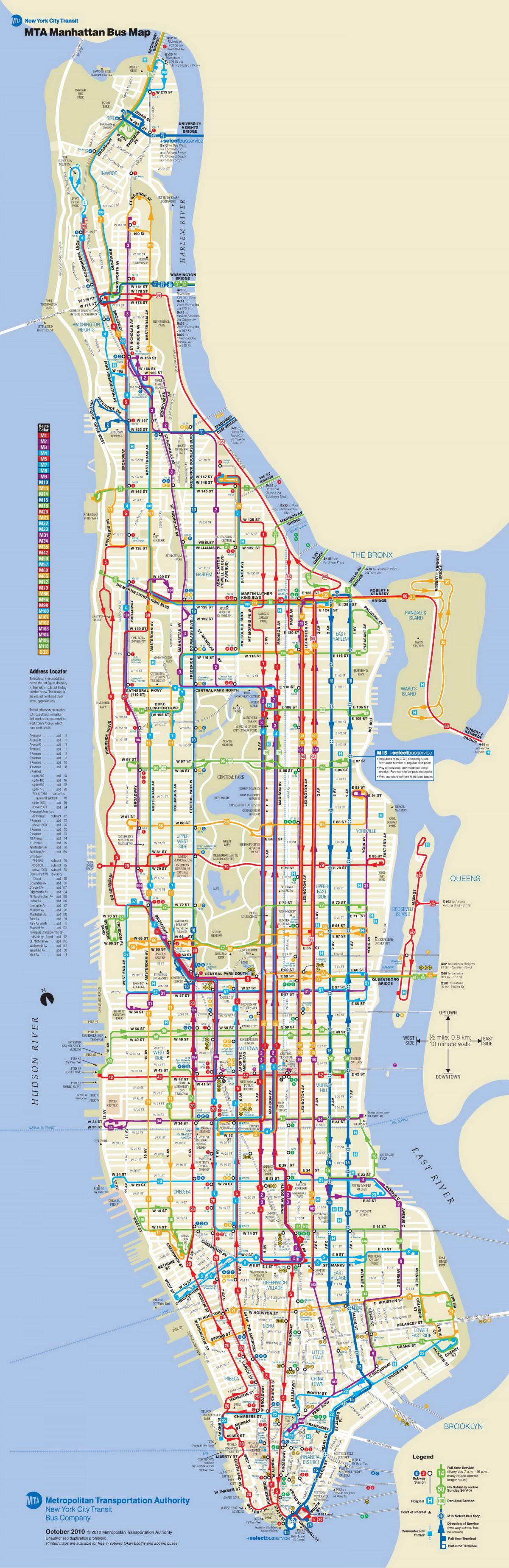 Manhattan bussi kaart, millel peatub